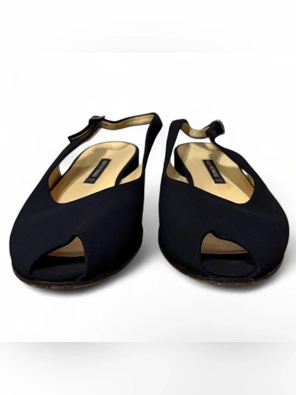 Bruno Magli Black Nylon Ballet Flats Peep Toe Adjustable Strap Slingback Sz 7